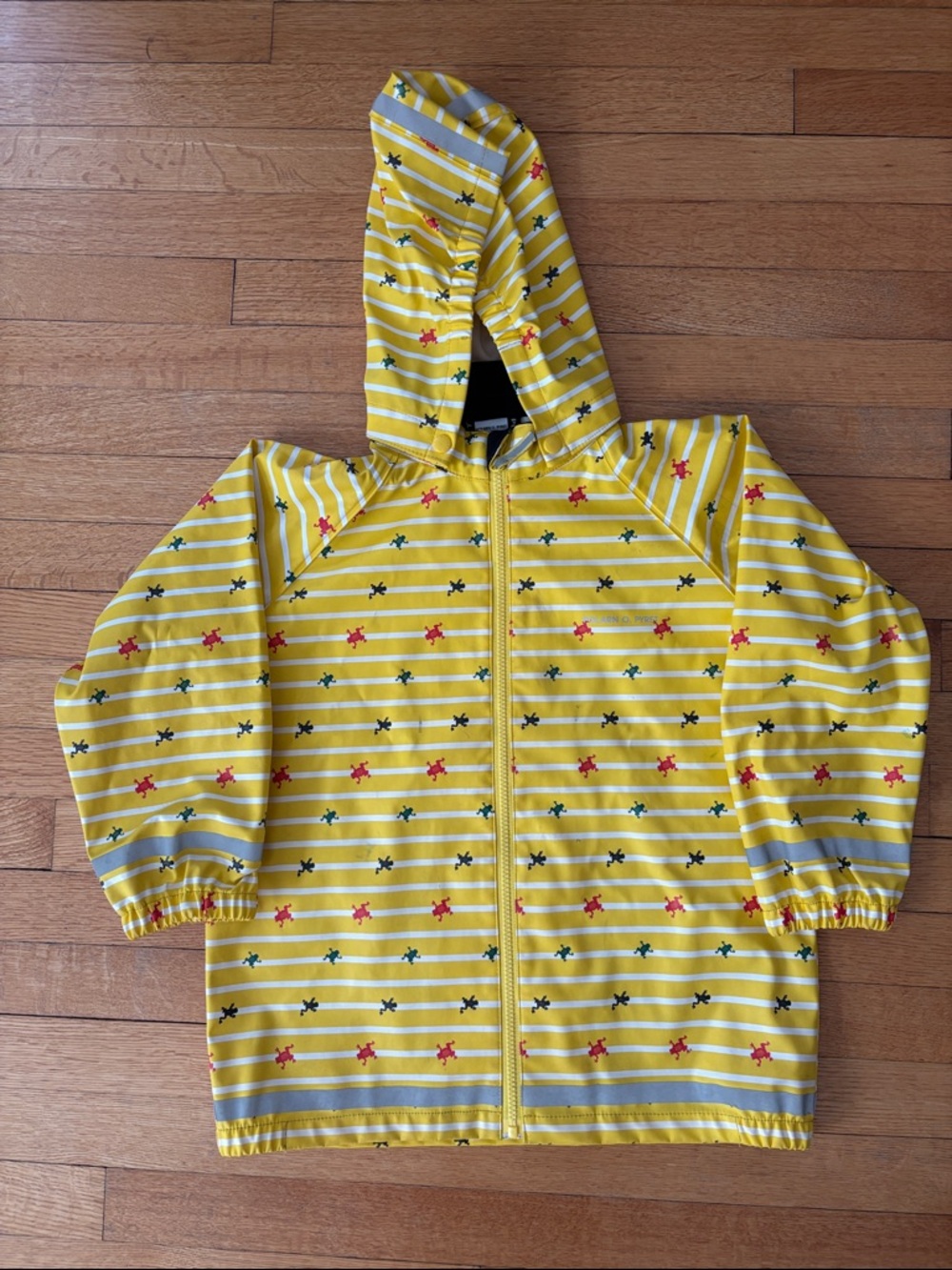Polarn O. Pyret Yellow White Striped Frog Print USED Rain Jacket Sz 6-8yrs